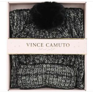 NWT VINCE CAMUTO 2 PIECE GLITTER CABLE KNIT HAT & LOOP SET - BLACK O/S $58